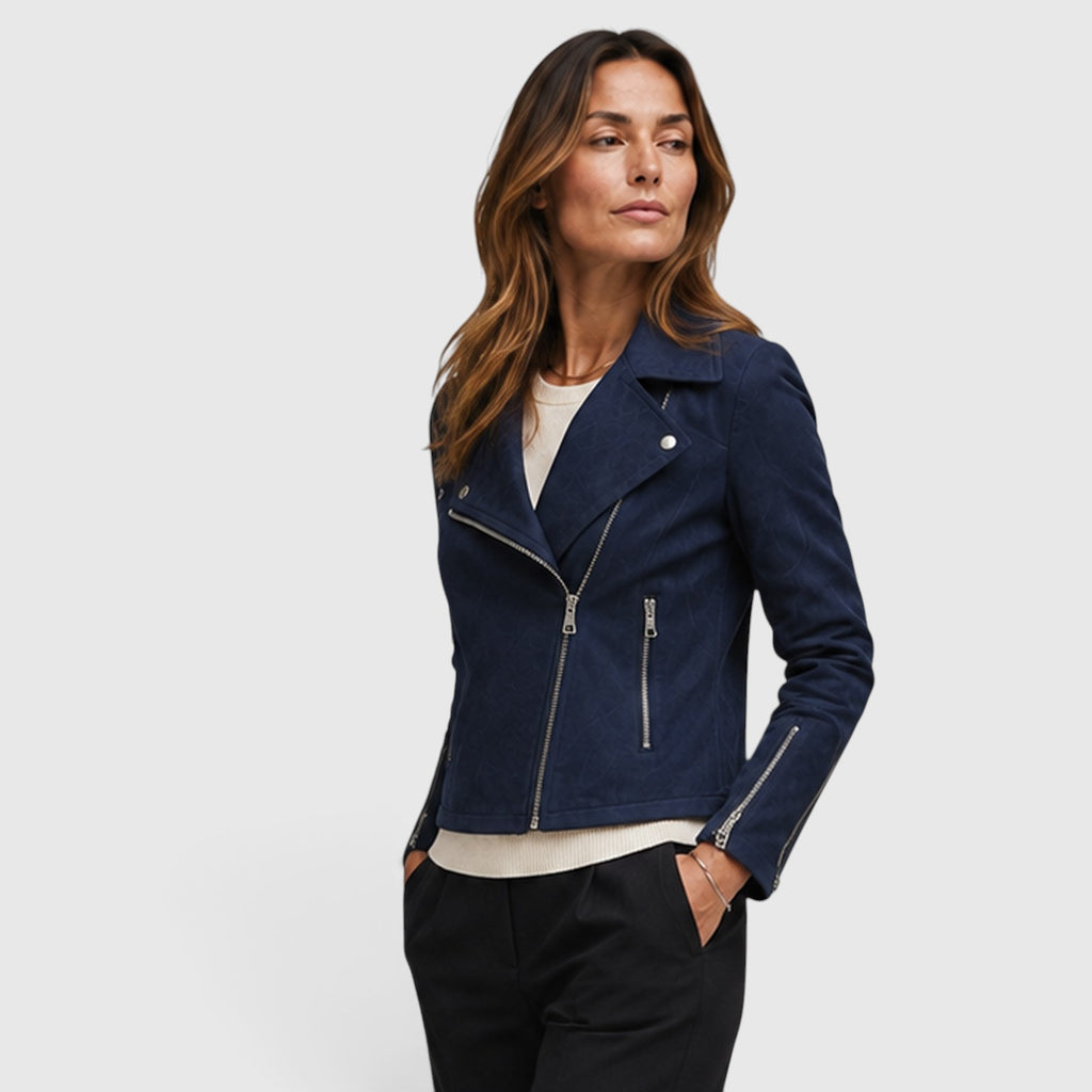 Monvaline | Women's Suede Biker Jacket – Cropped Asymmetric Zip