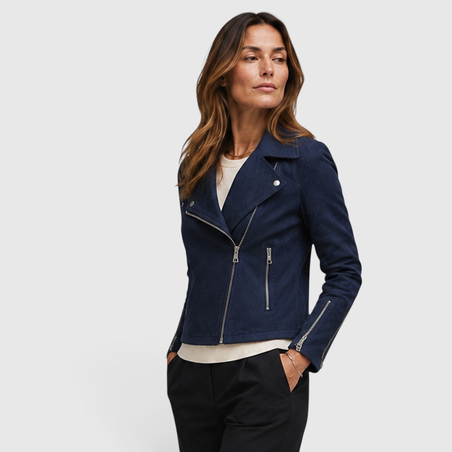 Monvaline | Women's Suede Biker Jacket – Cropped Asymmetric Zip