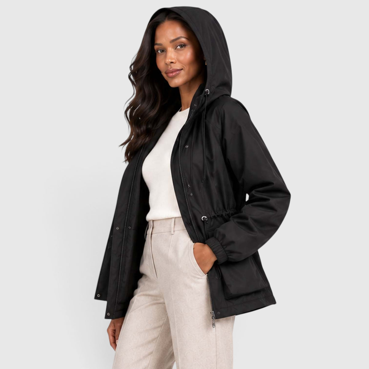 Women's Water Resistant Rain Jacket – Hooded Drawstring Waist