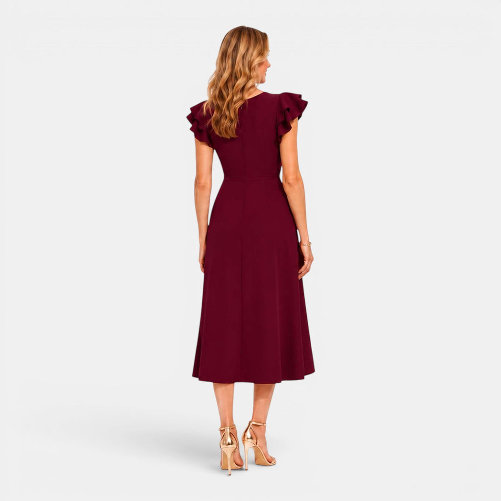 Monvaline | Women's V-Neck Summer Midi Dress with Flattering Waist Fit