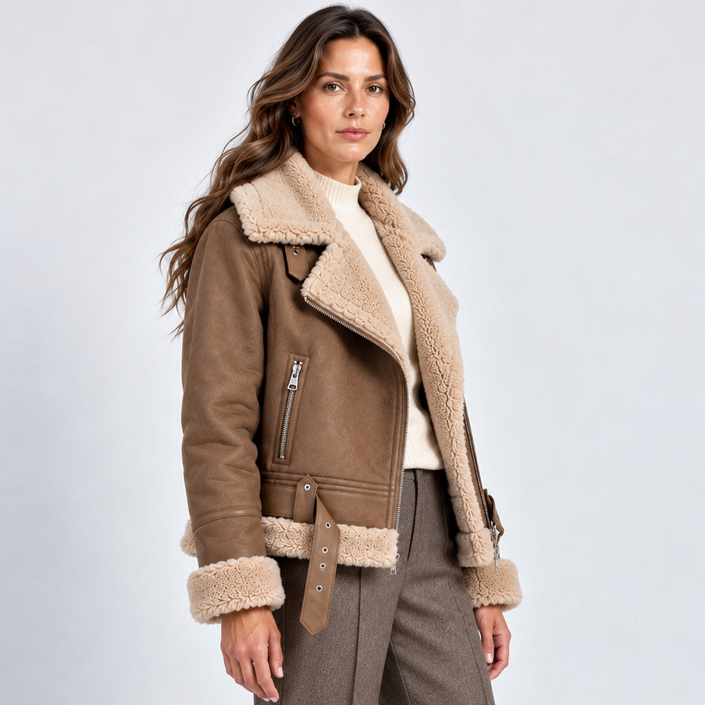 Monvaline | Women's Warm Leather Jacket – Sherpa Lined for Autumn & Winter