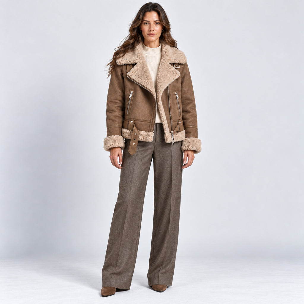 Monvaline | Women's Warm Leather Jacket – Sherpa Lined for Autumn & Winter