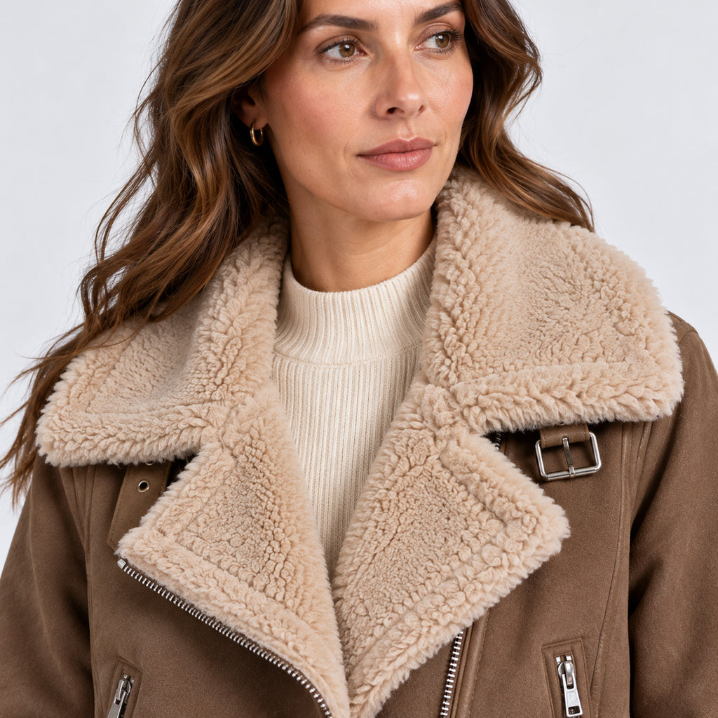 Monvaline | Women's Warm Leather Jacket – Sherpa Lined for Autumn & Winter