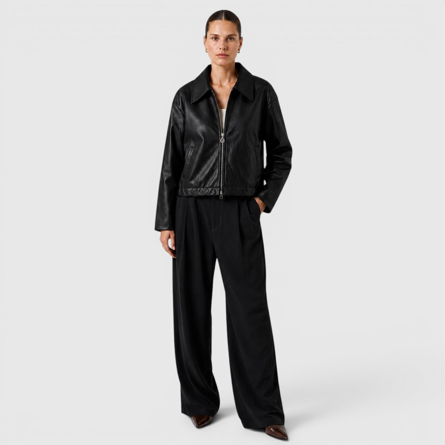 Monvaline | Women's Zip Leather Jacket with Pockets for Smart Casual Style
