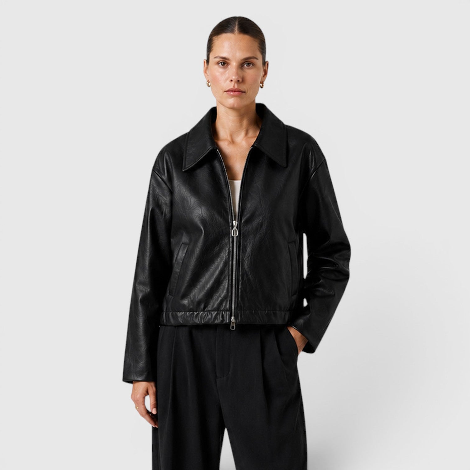 Monvaline | Women's Zip Leather Jacket with Pockets for Smart Casual Style