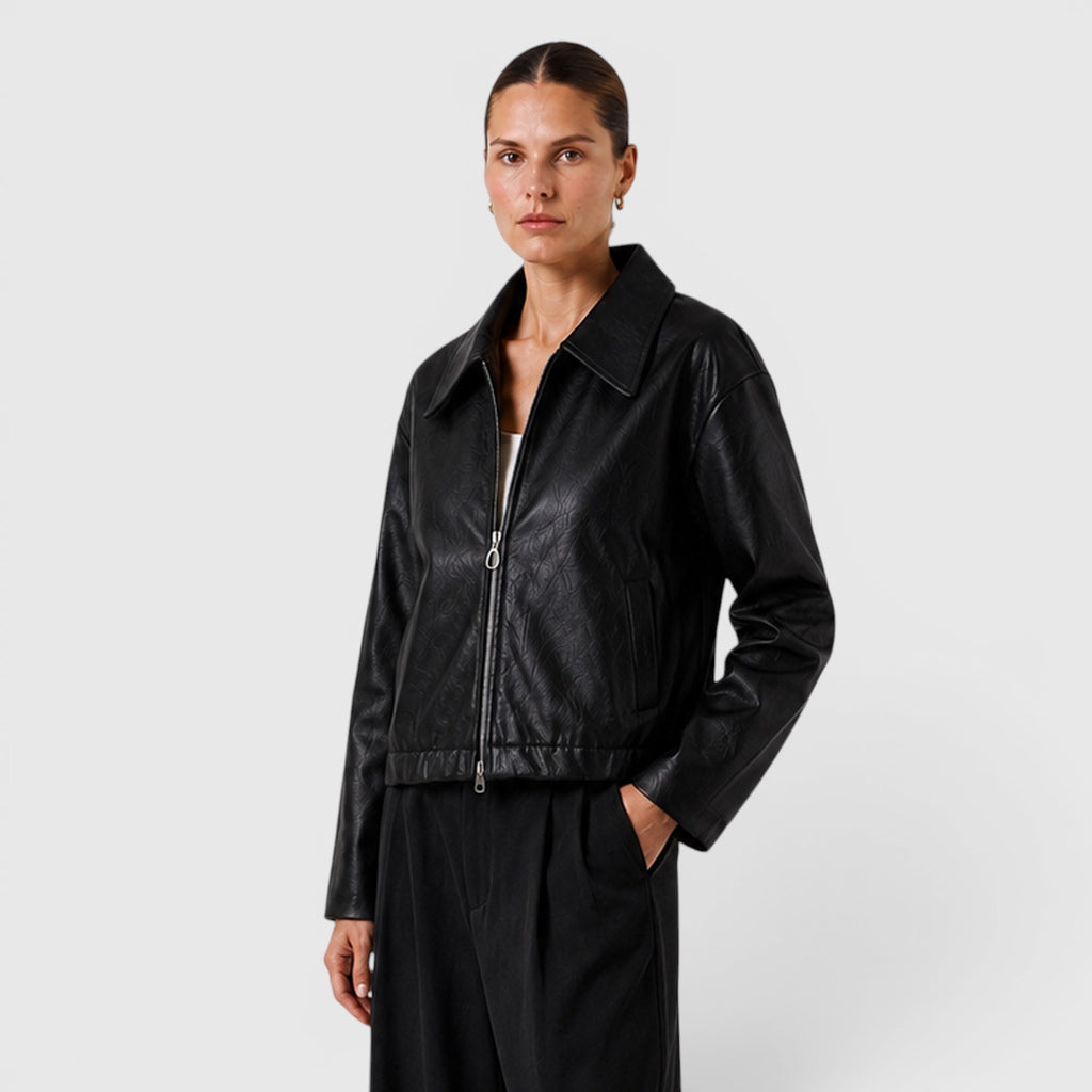 Monvaline | Women's Zip Leather Jacket with Pockets for Smart Casual Style