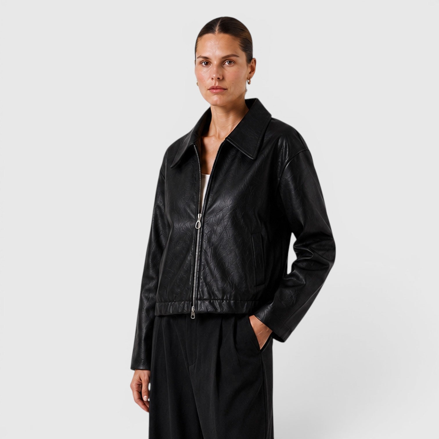 Monvaline | Women's Zip Leather Jacket with Pockets for Smart Casual Style