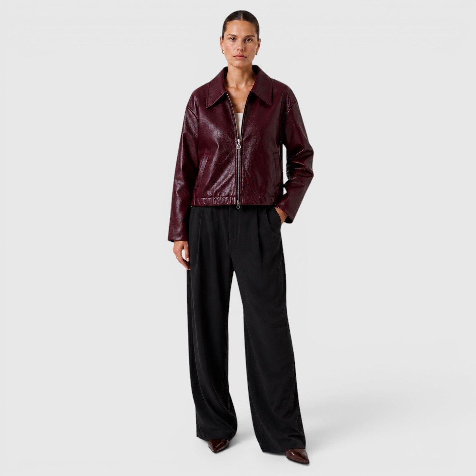 Monvaline | Women's Zip Leather Jacket with Pockets for Smart Casual Style