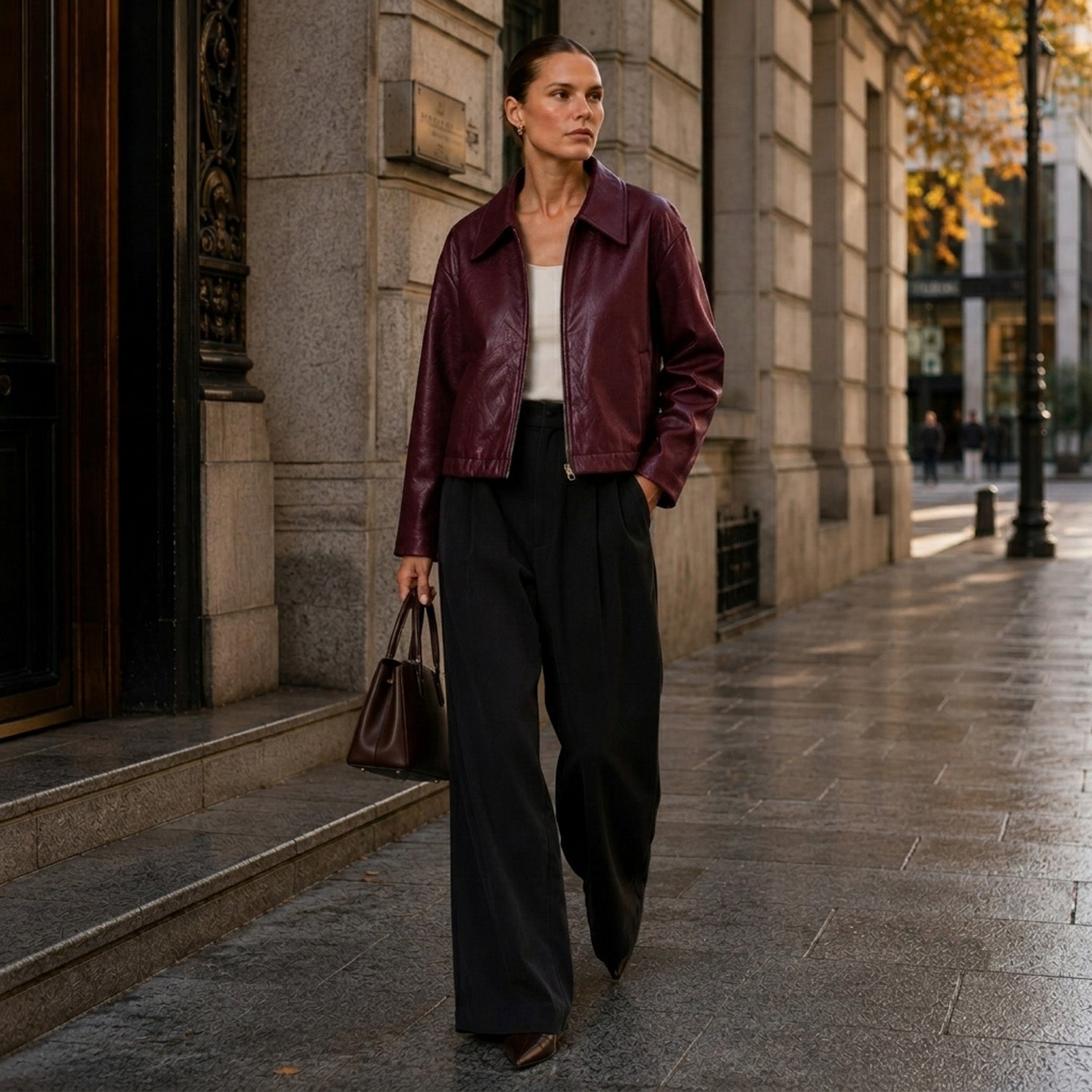 Monvaline | Women's Zip Leather Jacket with Pockets for Smart Casual Style