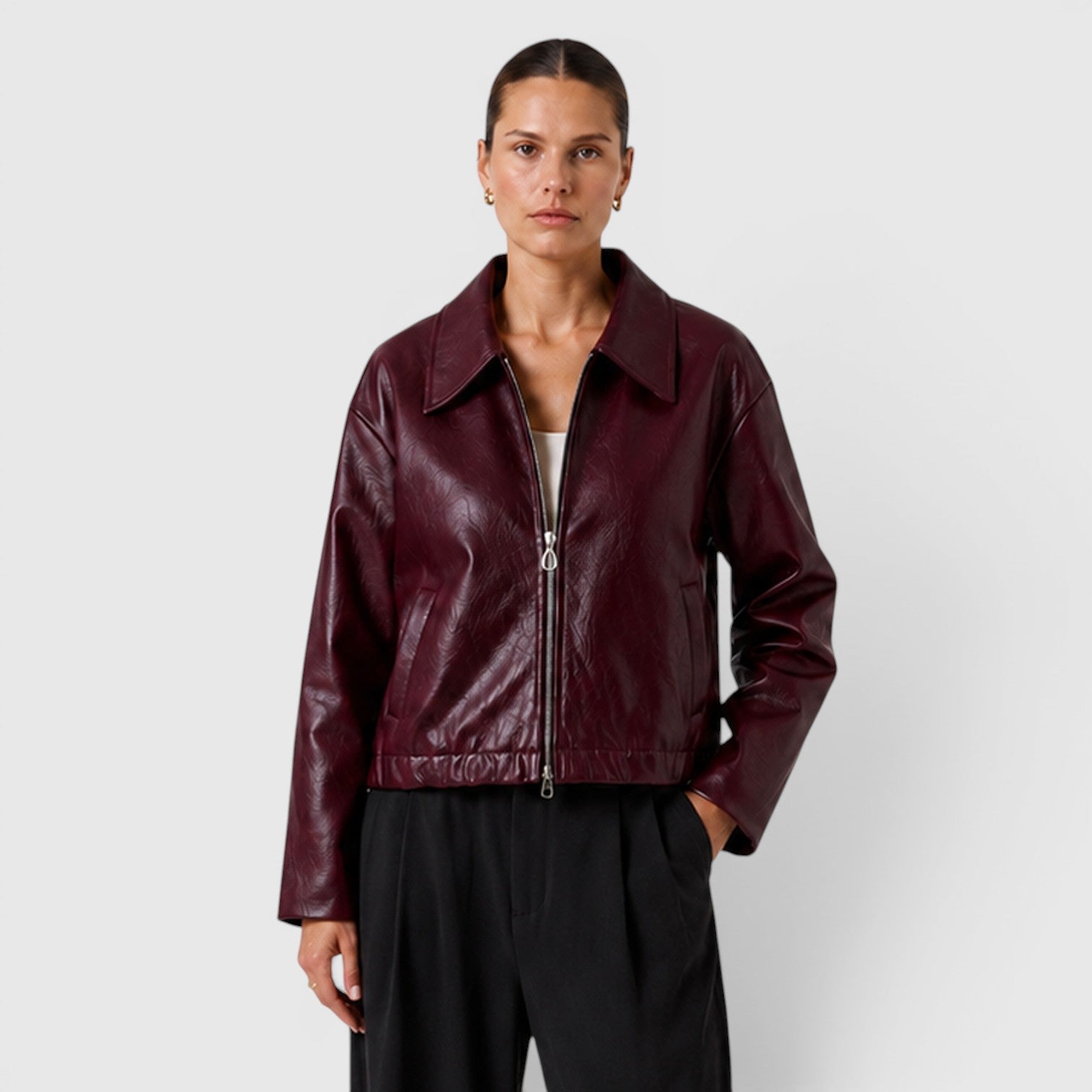 Monvaline | Women's Zip Leather Jacket with Pockets for Smart Casual Style