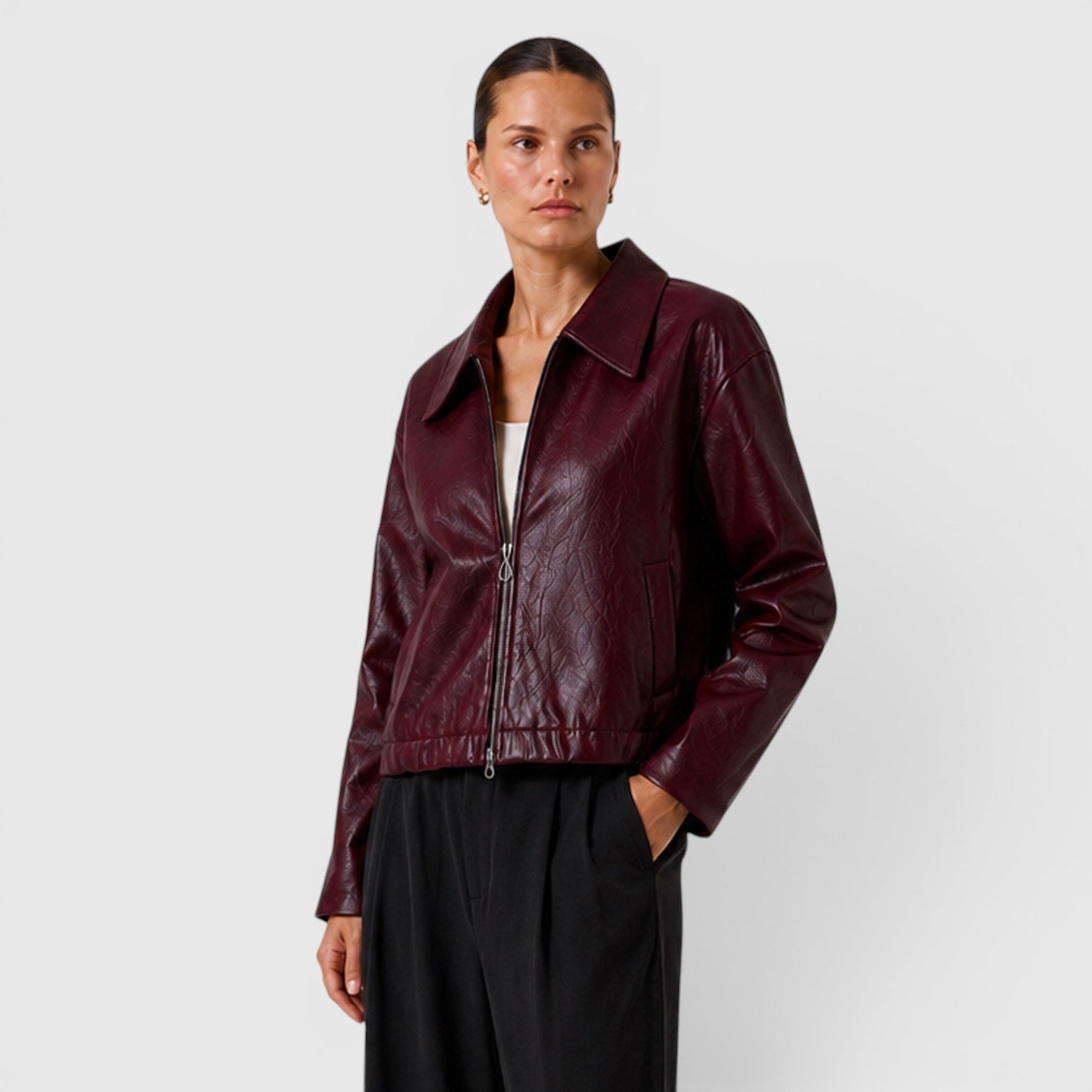 Monvaline | Women's Zip Leather Jacket with Pockets for Smart Casual Style