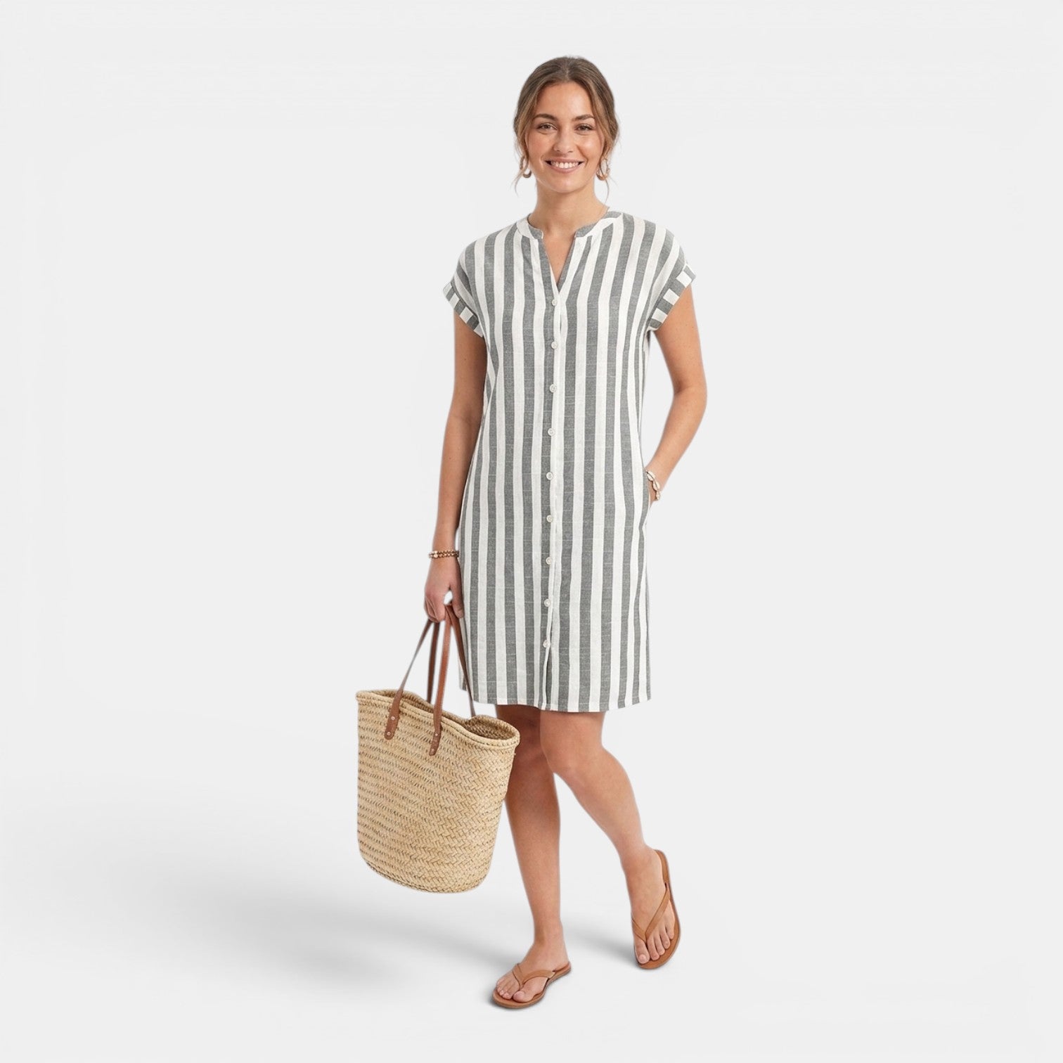 Monvaline | Women’s Summer Casual Dress – Striped V-Neck Knee Length