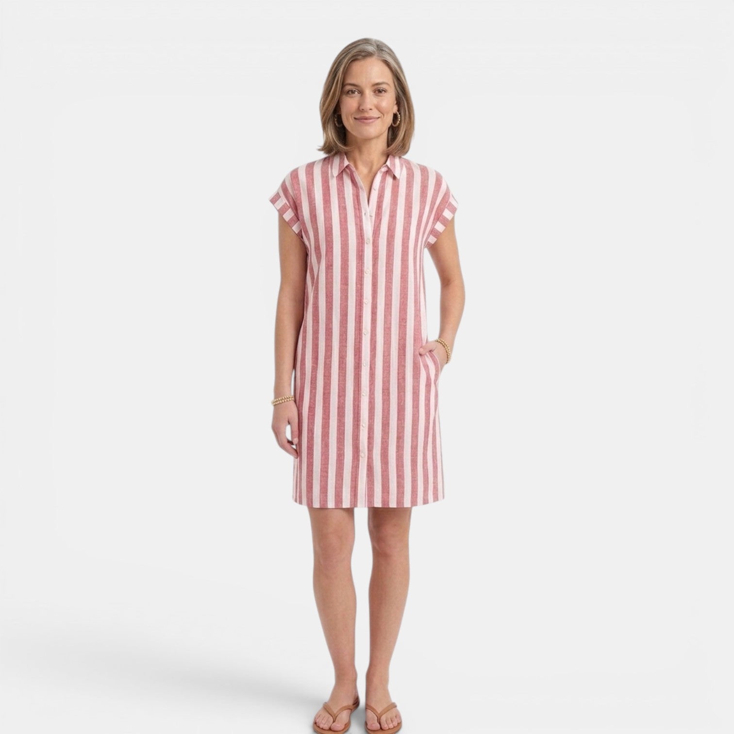Monvaline | Women’s Summer Casual Dress – Striped V-Neck Knee Length