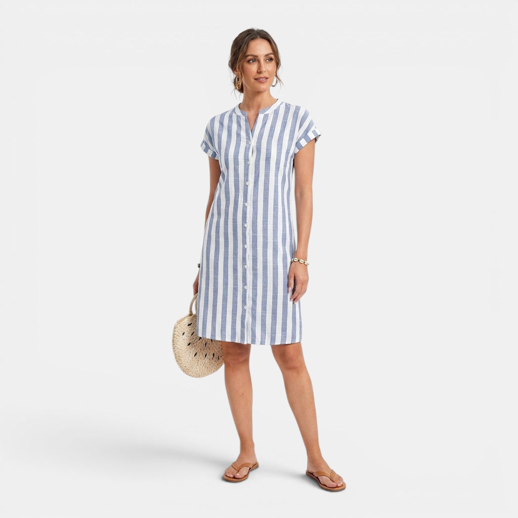 Monvaline | Women’s Summer Casual Dress – Striped V-Neck Knee Length
