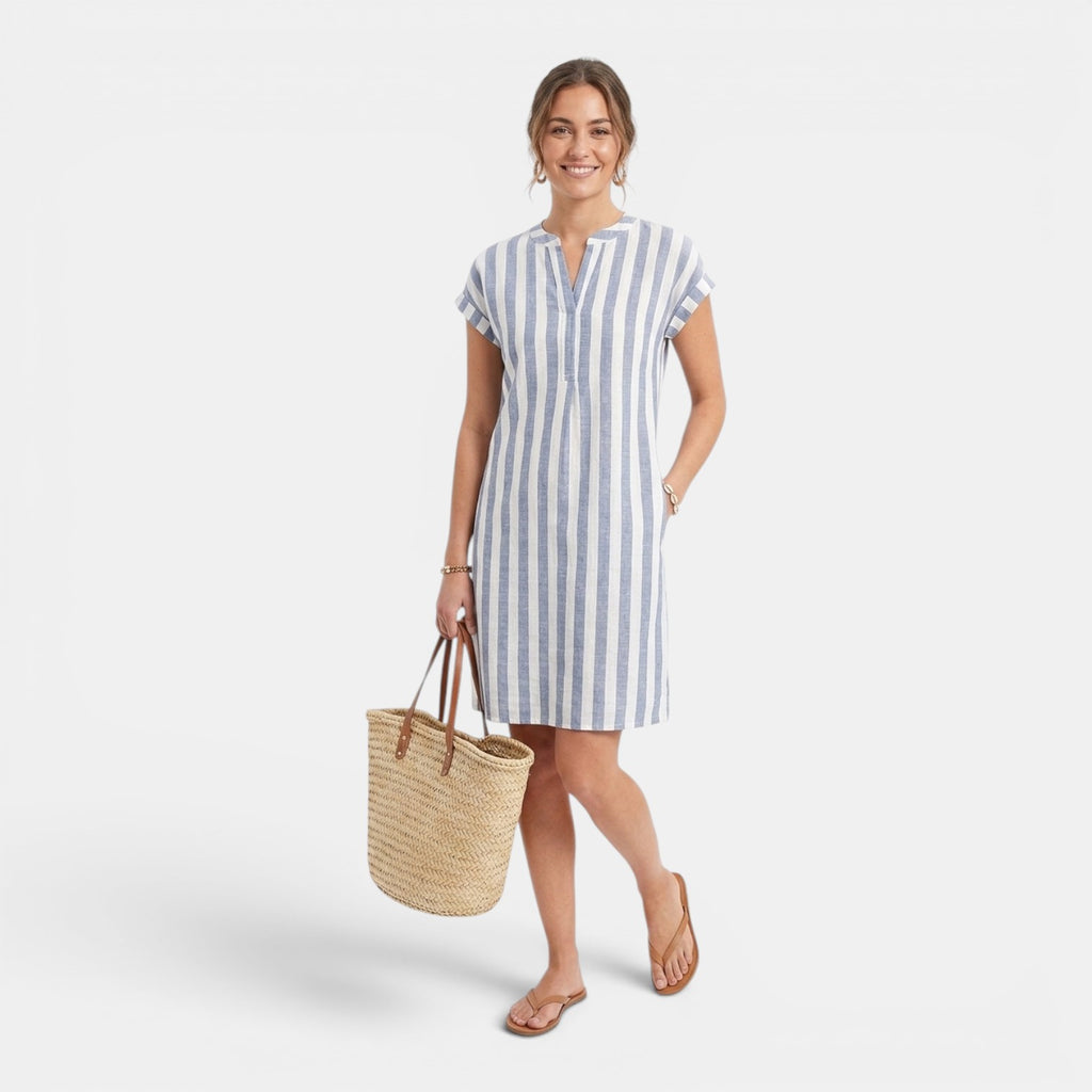 Monvaline | Women’s Summer Casual Dress – Striped V-Neck Knee Length
