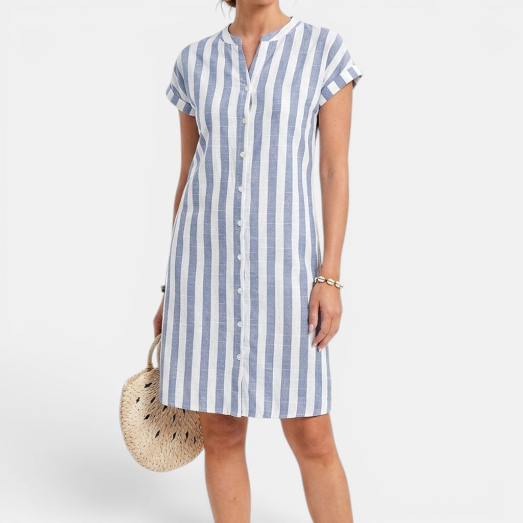 Monvaline | Women’s Summer Casual Dress – Striped V-Neck Knee Length
