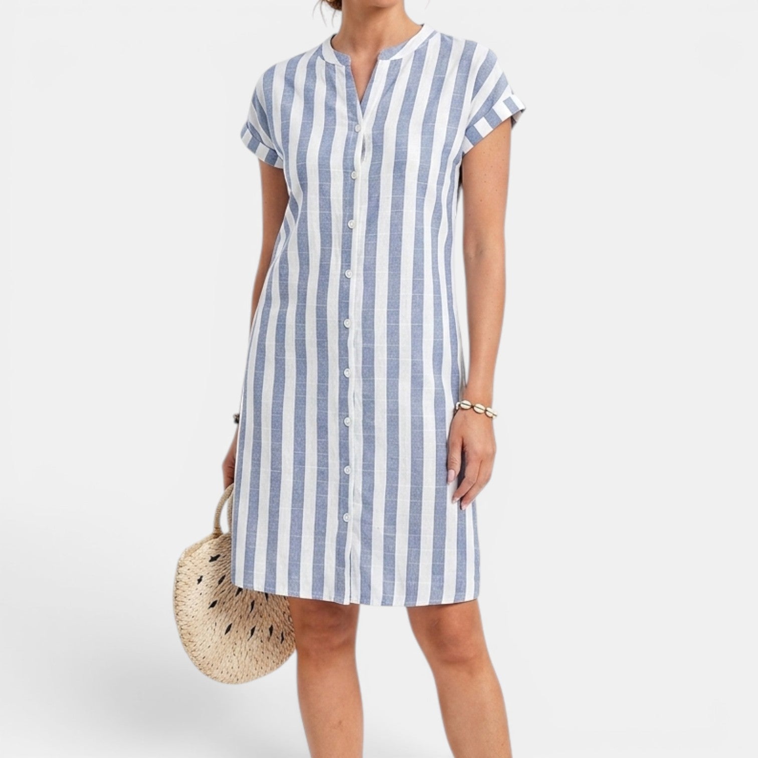 Monvaline | Women’s Summer Casual Dress – Striped V-Neck Knee Length