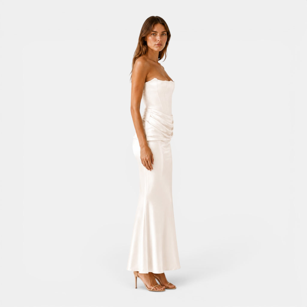 Monvaline | Women's Strapless Maxi Dress Elegant Draped Waist Formal Fit