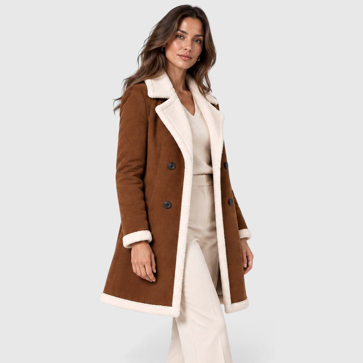 Women's Brown Faux Suede Longline Coat – Teddy Trim