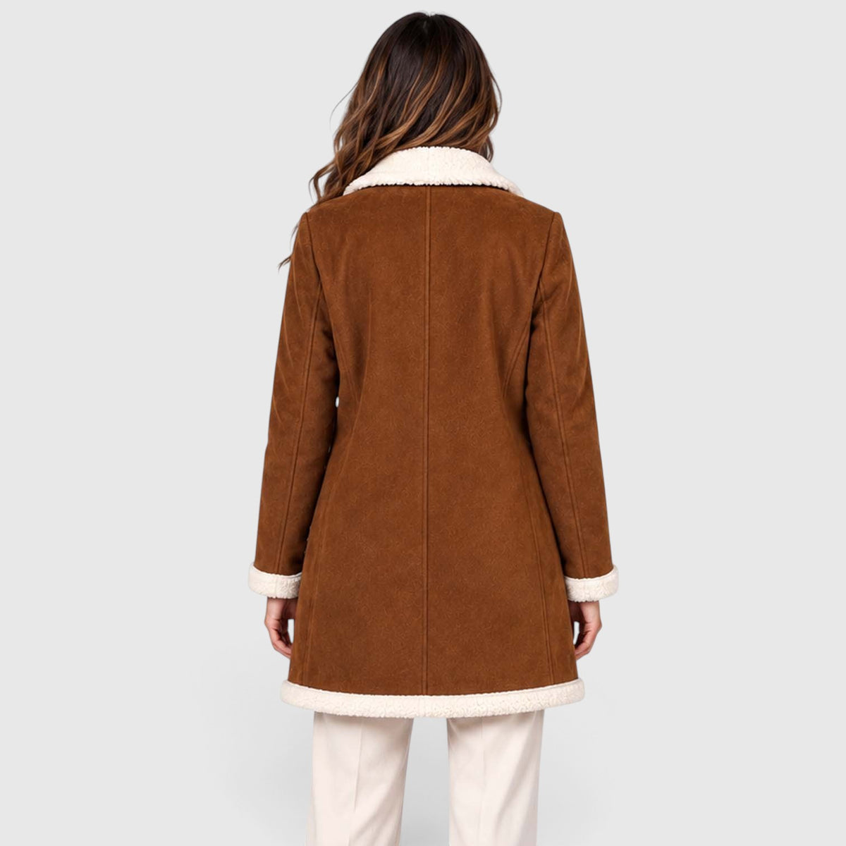 Women's Brown Faux Suede Longline Coat – Teddy Trim