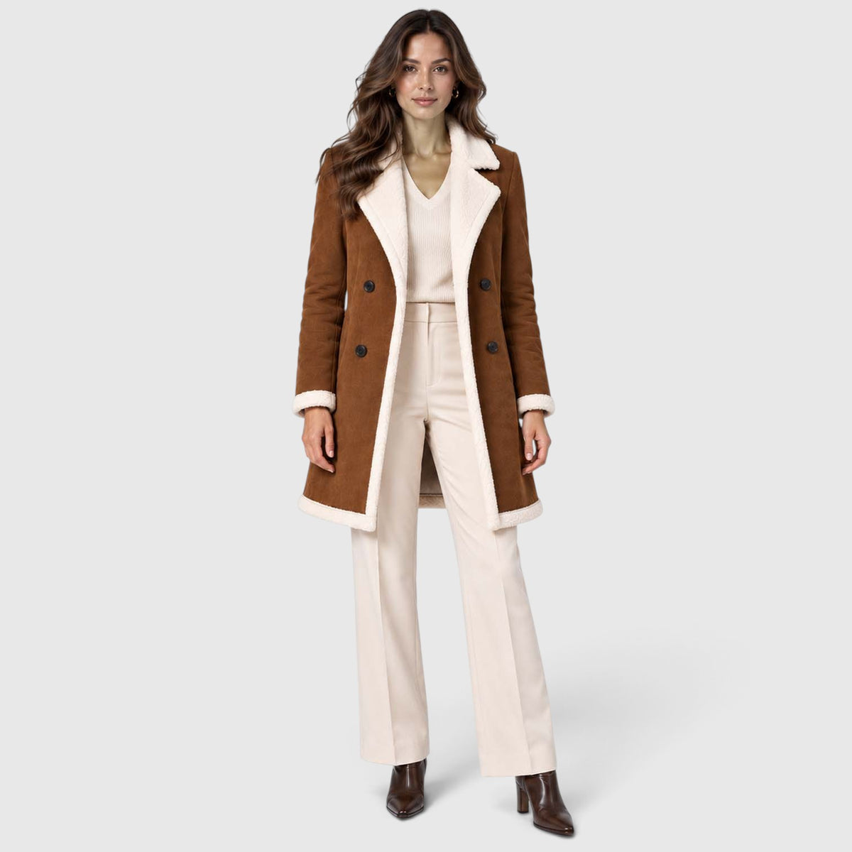 Women's Brown Faux Suede Longline Coat – Teddy Trim