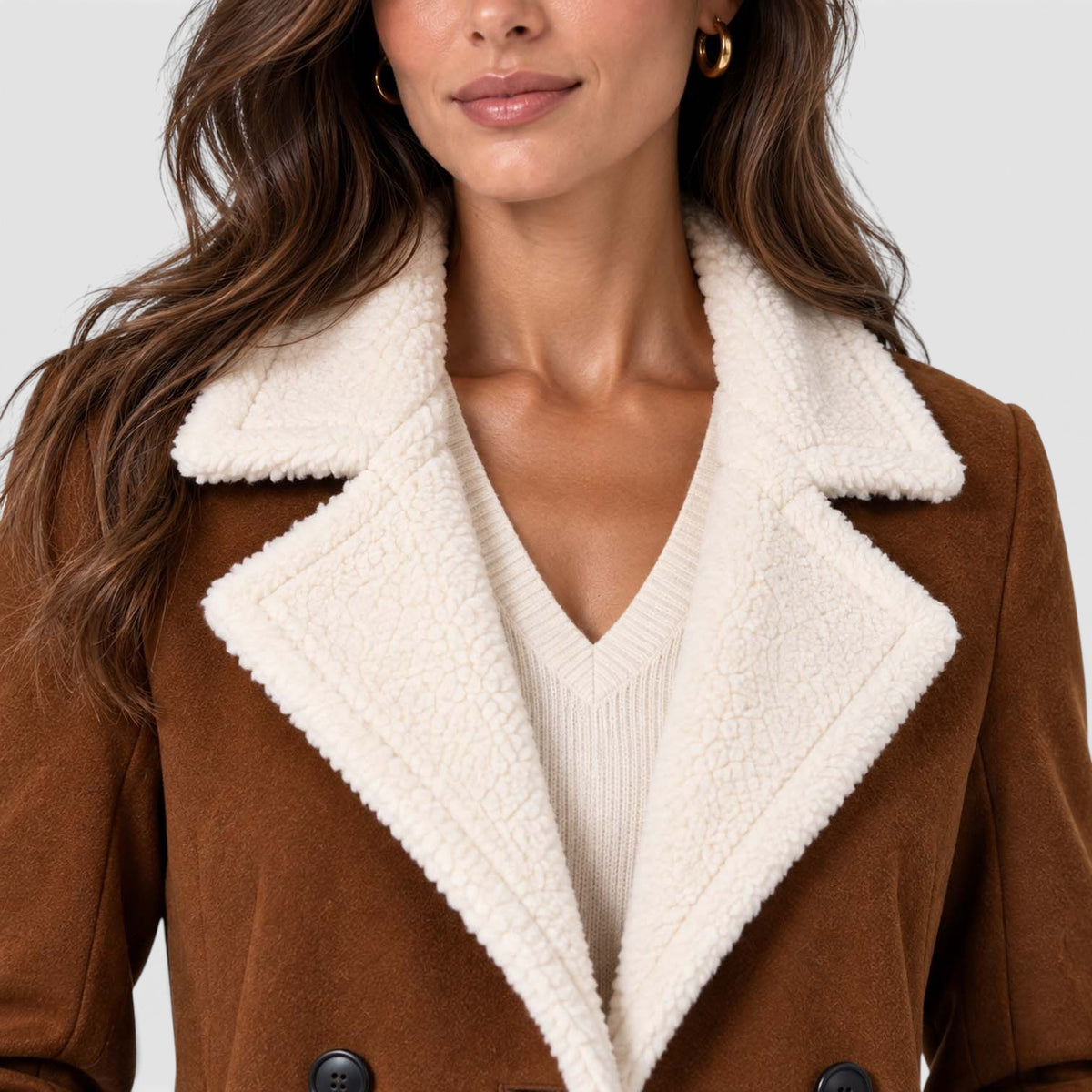 Women's Brown Faux Suede Longline Coat – Teddy Trim