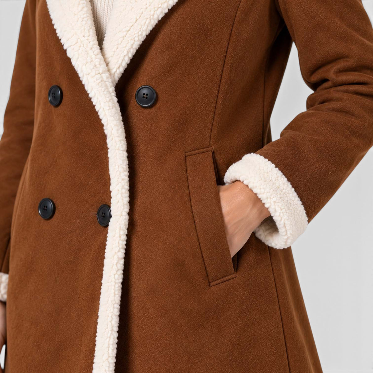Women's Brown Faux Suede Longline Coat – Teddy Trim