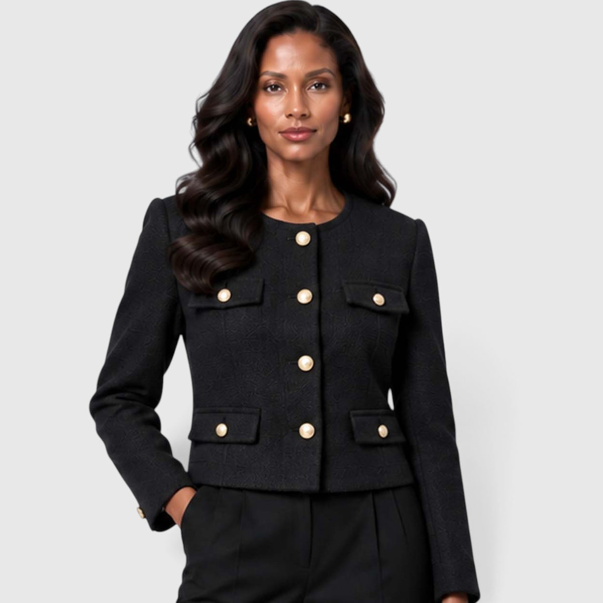 Monvaline | Women's Textured Tweed Cropped Blazer | Elegant Gold Button Jacket for Smart Occasions