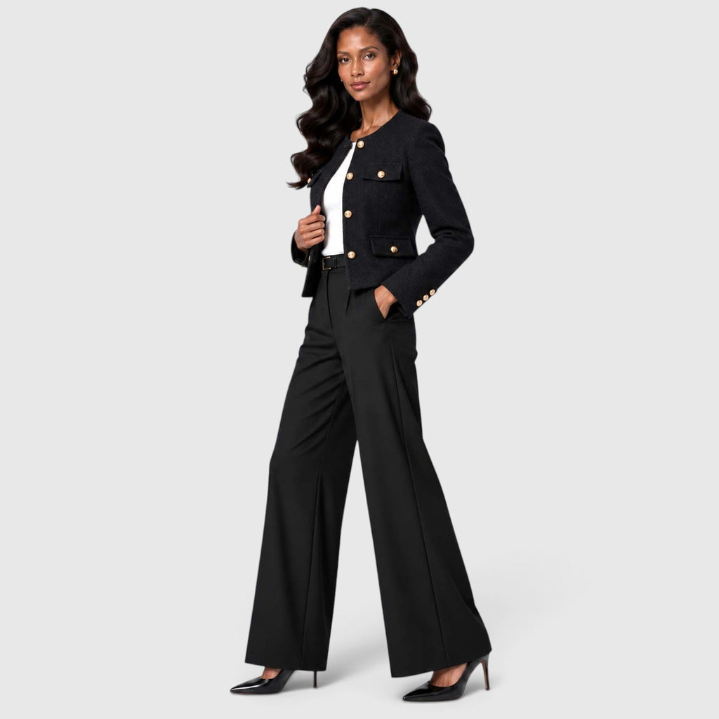 Women's Textured Tweed Cropped Blazer | Elegant Gold Button Jacket for Smart Occasions