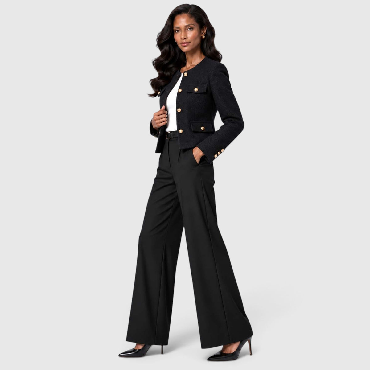 Women's Textured Tweed Cropped Blazer | Elegant Gold Button Jacket for Smart Occasions
