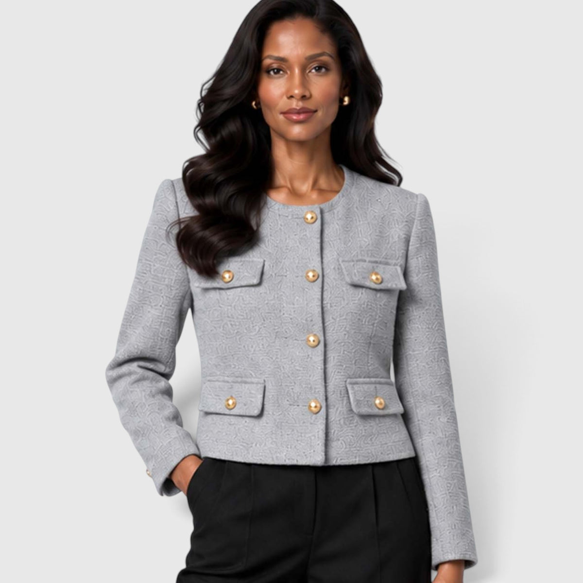 Monvaline | Women's Textured Tweed Cropped Blazer | Elegant Gold Button Jacket for Smart Occasions