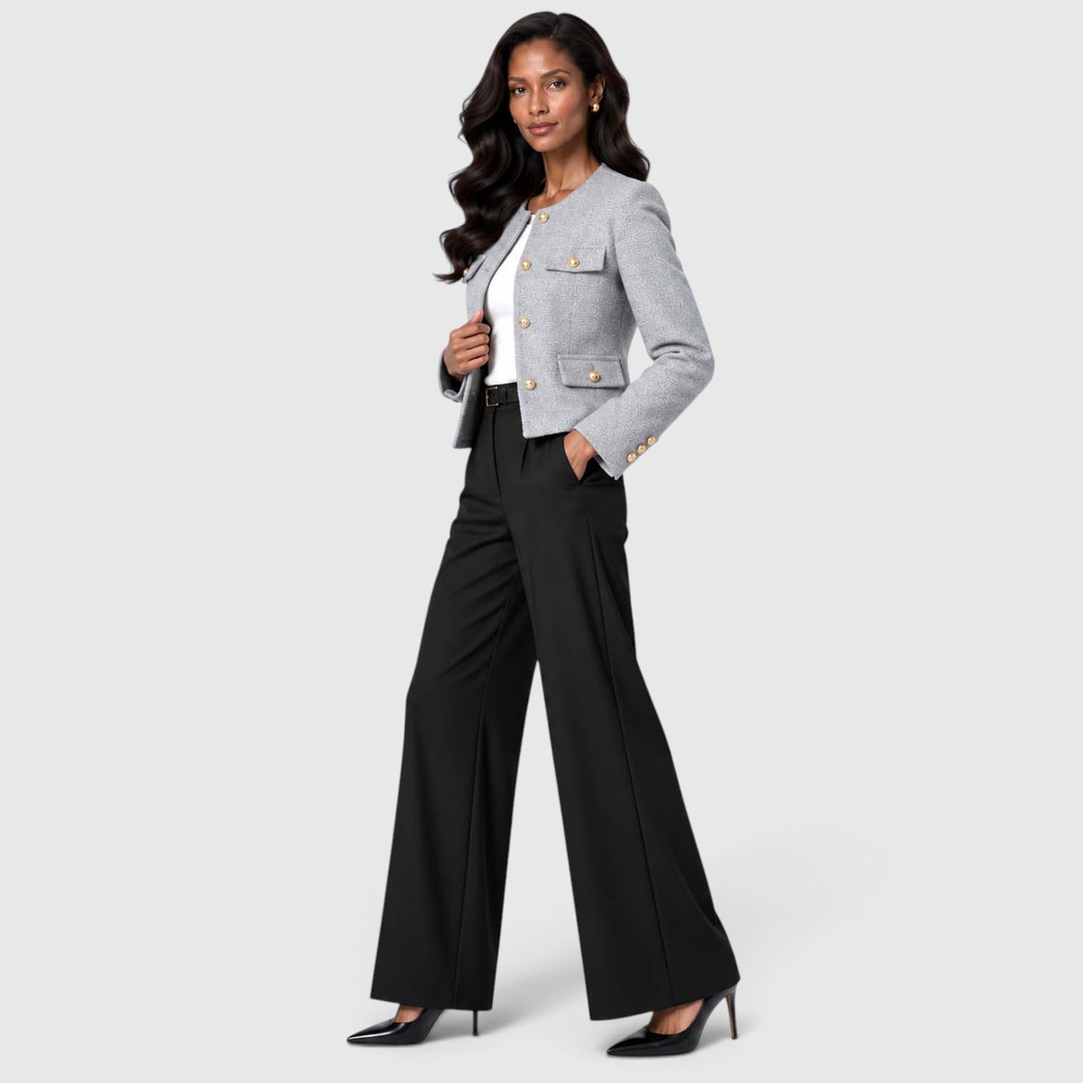 Women's Textured Tweed Cropped Blazer | Elegant Gold Button Jacket for Smart Occasions