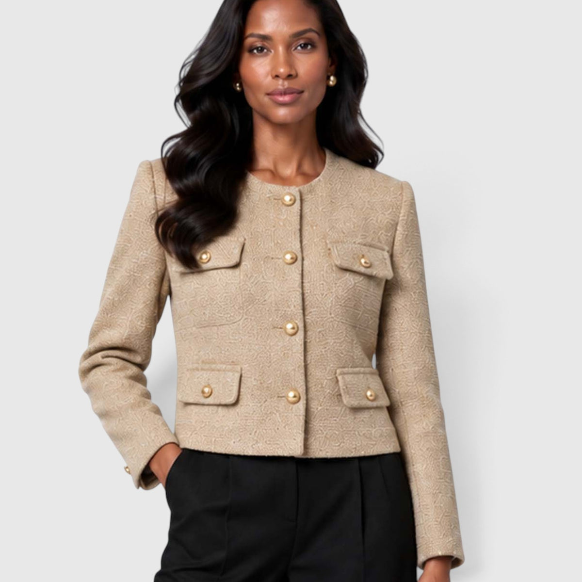 Monvaline | Women's Textured Tweed Cropped Blazer | Elegant Gold Button Jacket for Smart Occasions