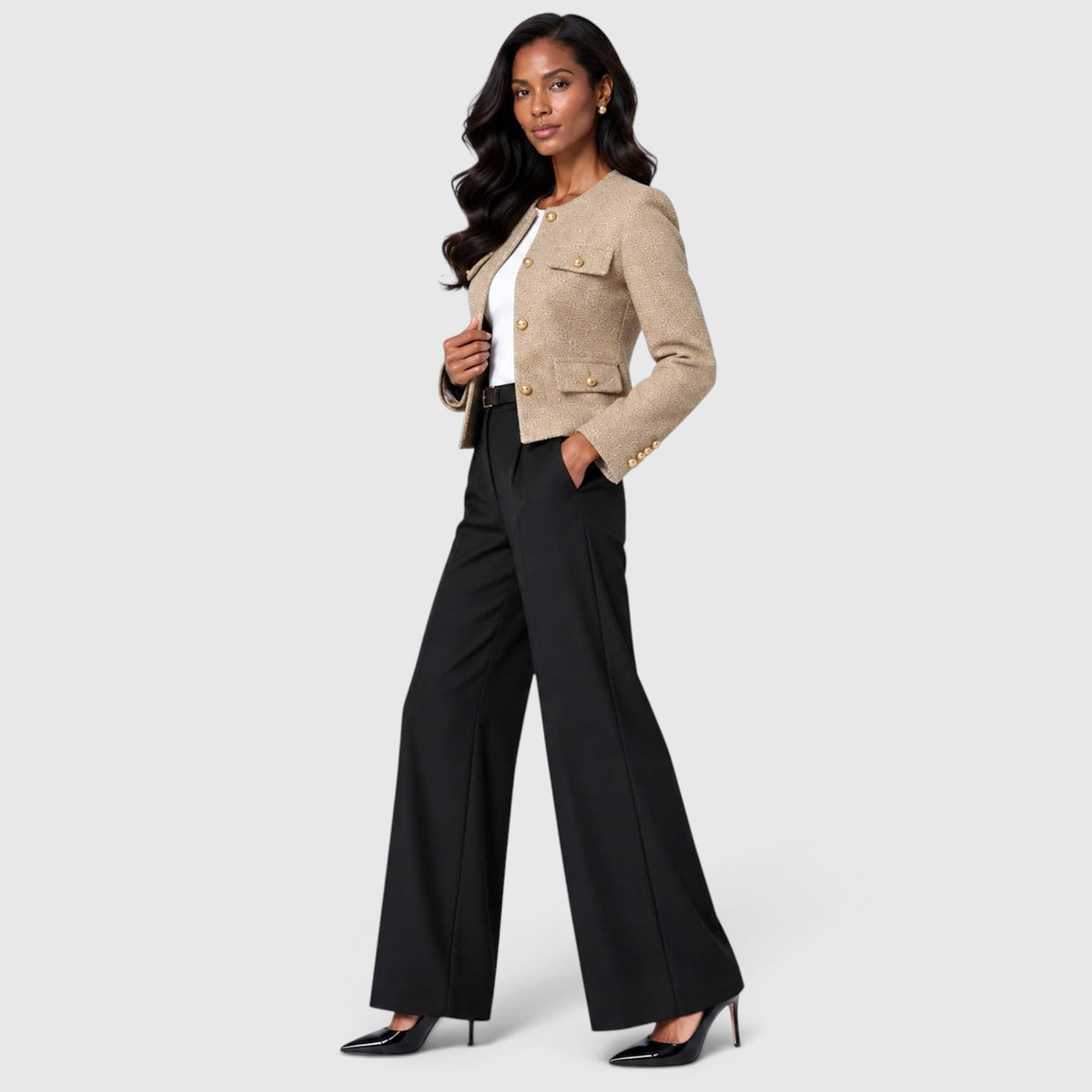 Women's Textured Tweed Cropped Blazer | Elegant Gold Button Jacket for Smart Occasions