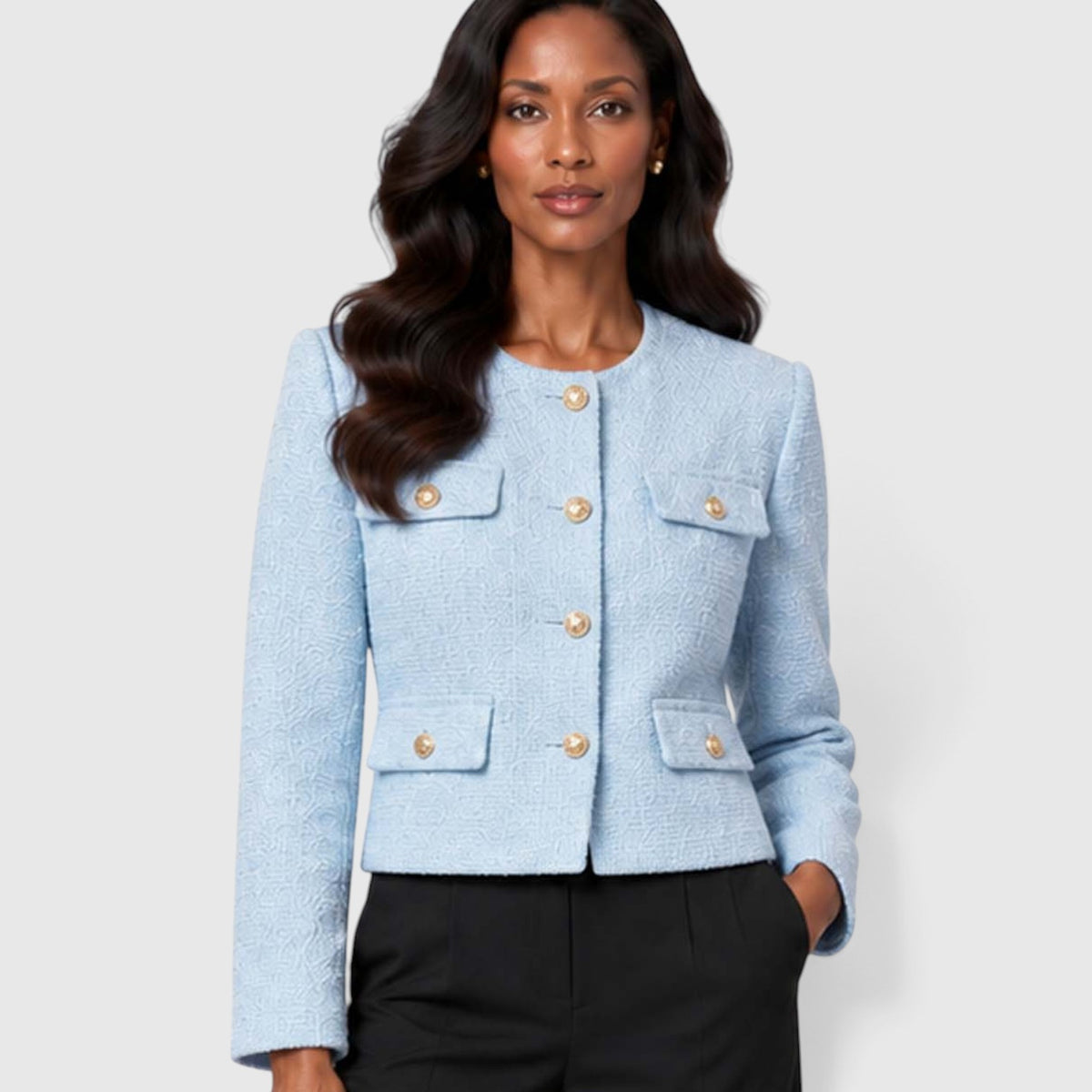 Women's Textured Tweed Cropped Blazer | Elegant Gold Button Jacket for Smart Occasions