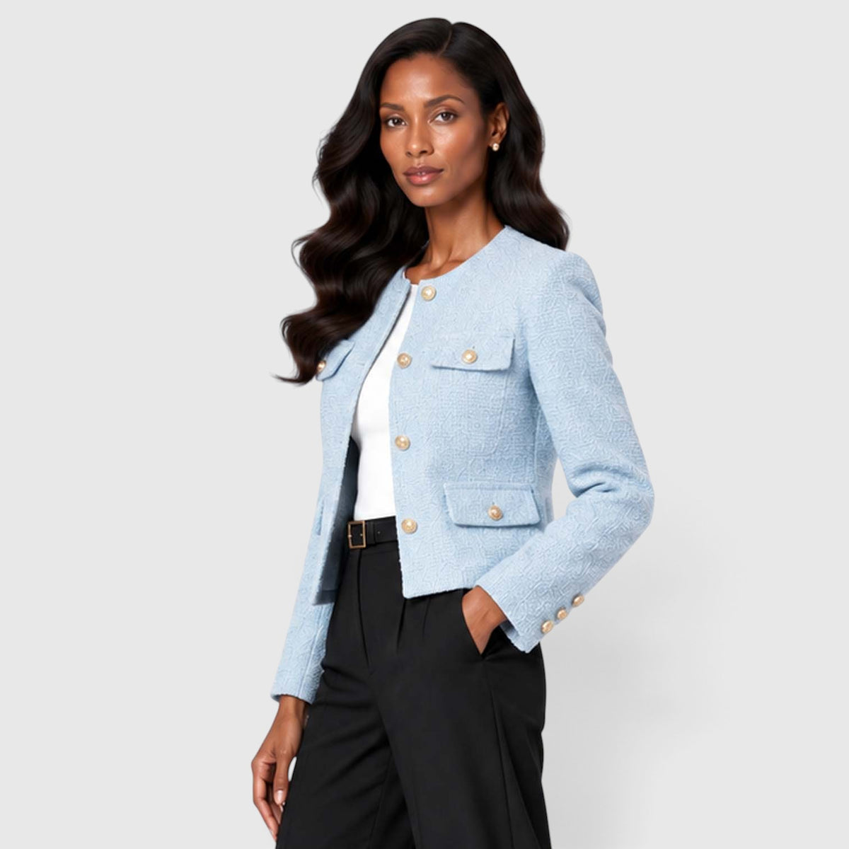 Women's Textured Tweed Cropped Blazer | Elegant Gold Button Jacket for Smart Occasions