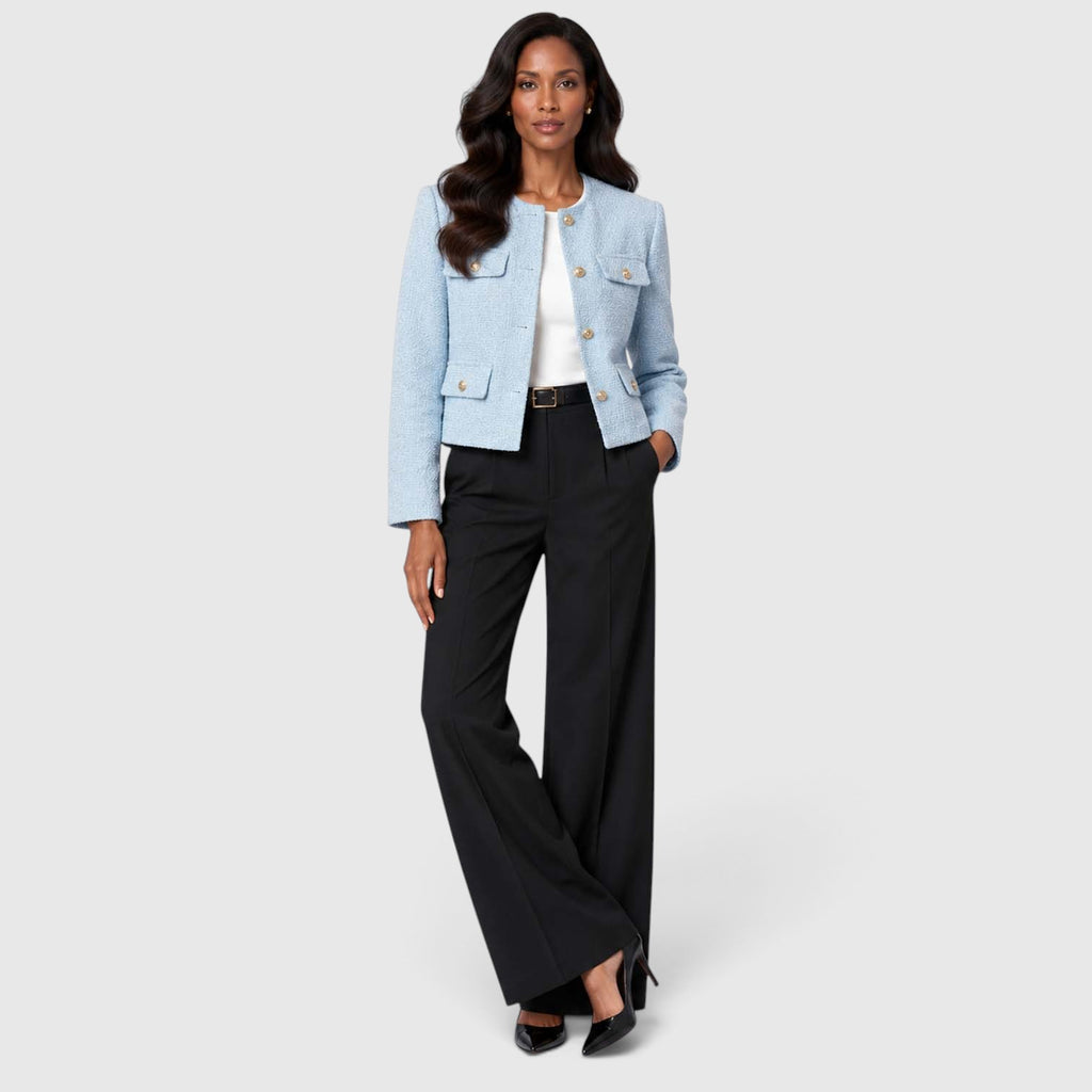 Women's Textured Tweed Cropped Blazer | Elegant Gold Button Jacket for Smart Occasions