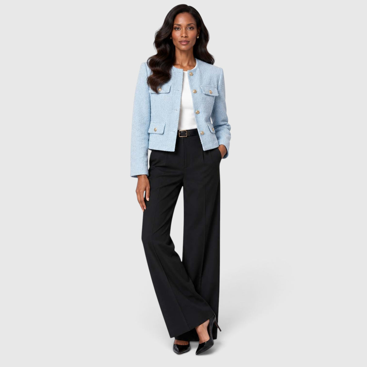 Women's Textured Tweed Cropped Blazer | Elegant Gold Button Jacket for Smart Occasions