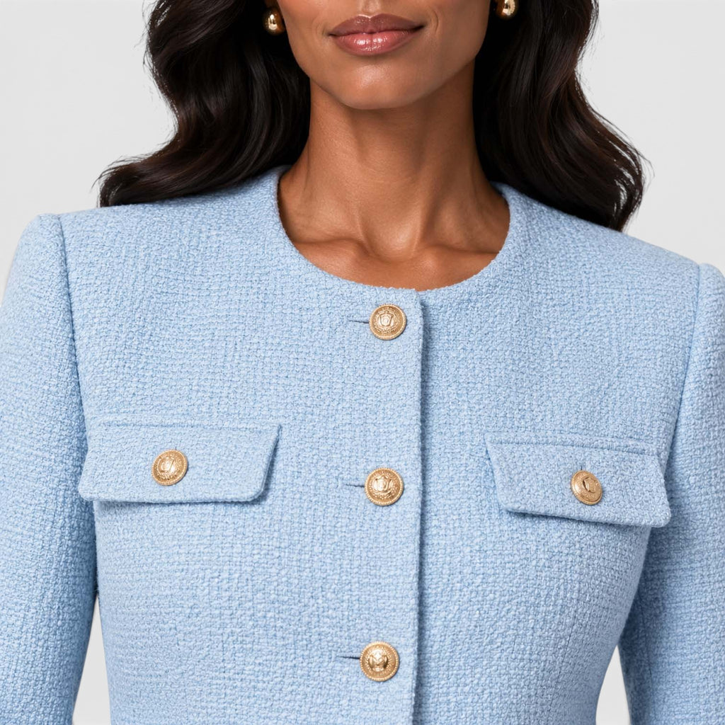 Women's Textured Tweed Cropped Blazer | Elegant Gold Button Jacket for Smart Occasions