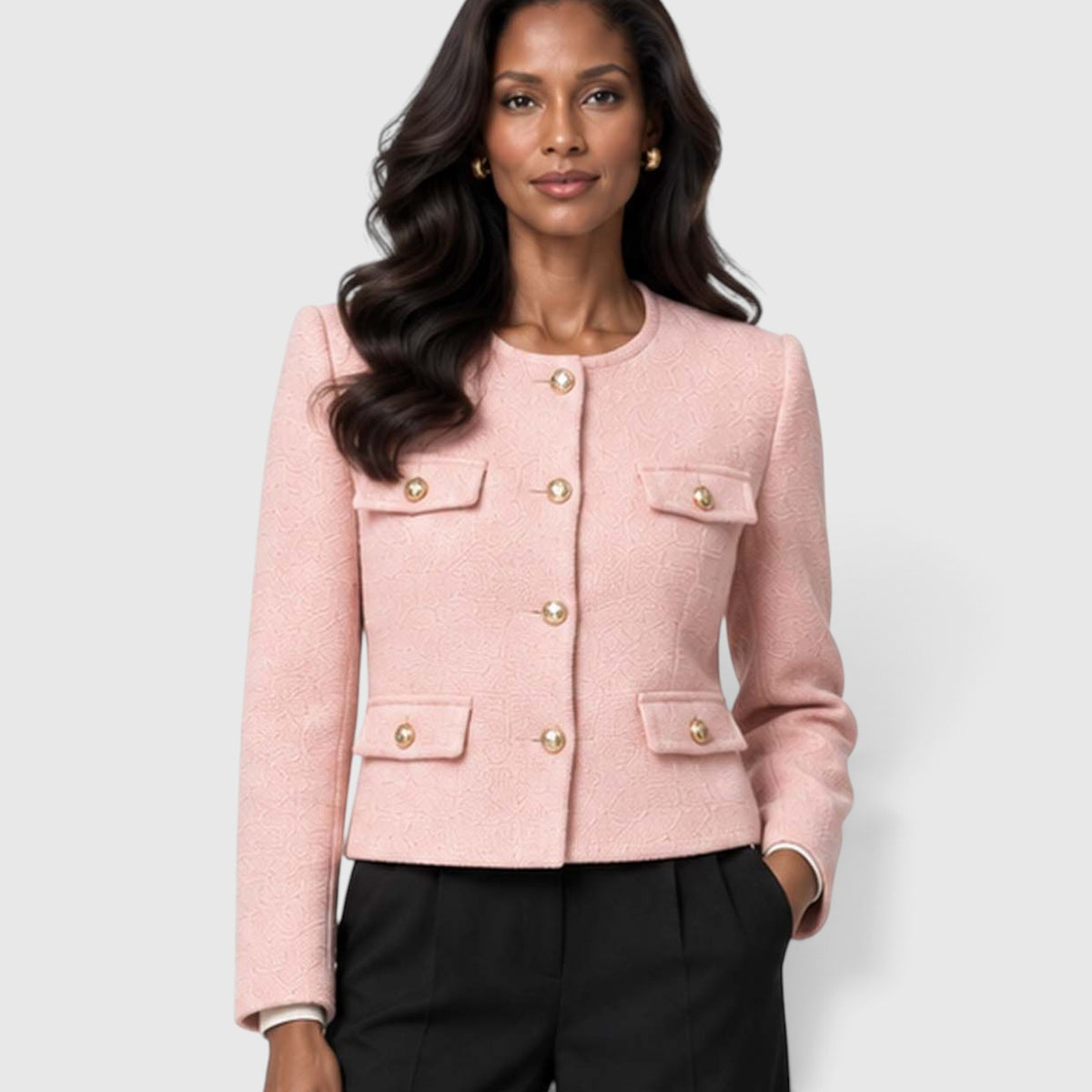Monvaline | Women's Textured Tweed Cropped Blazer | Elegant Gold Button Jacket for Smart Occasions
