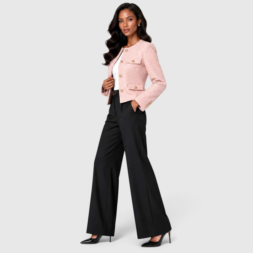 Women's Textured Tweed Cropped Blazer | Elegant Gold Button Jacket for Smart Occasions