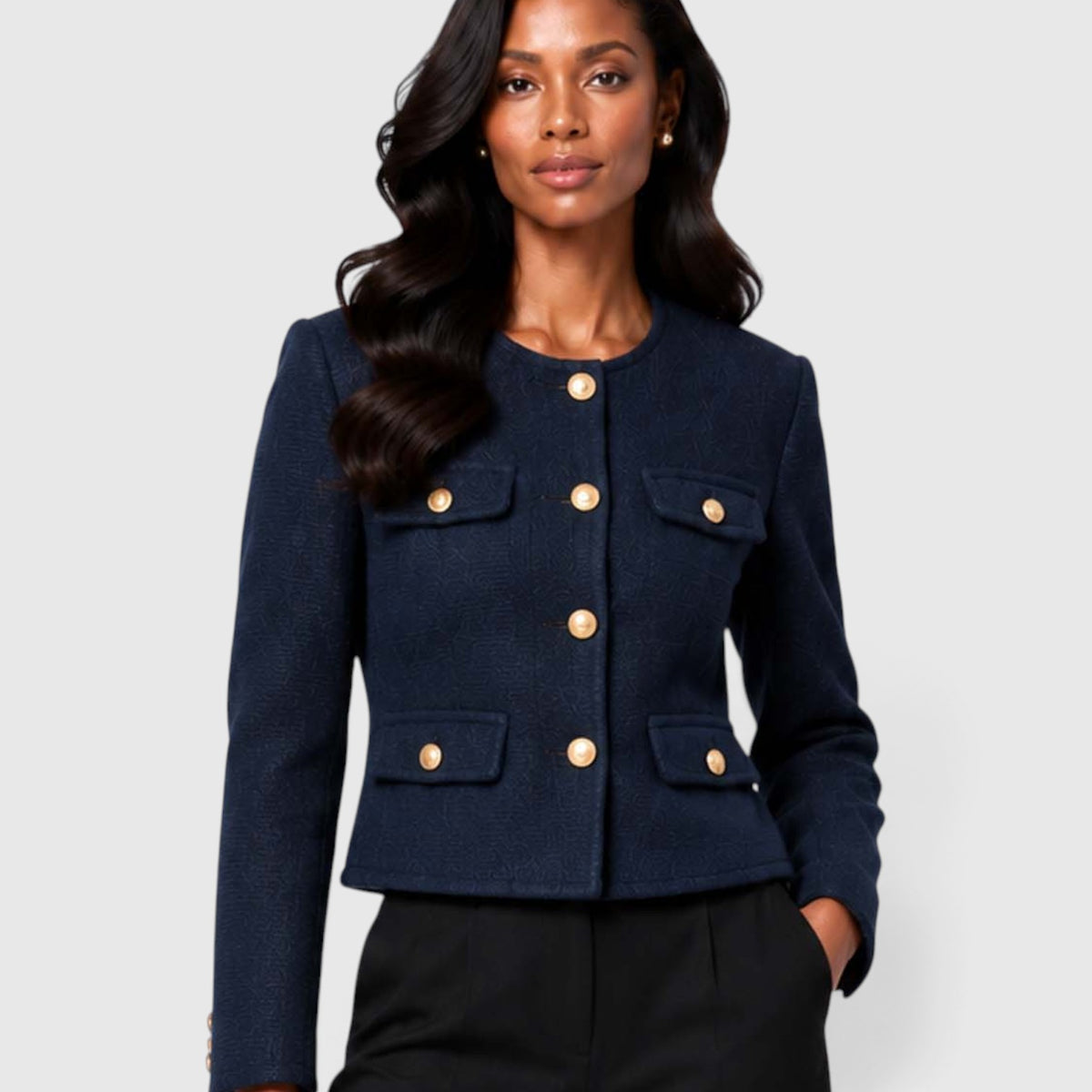Monvaline | Women's Textured Tweed Cropped Blazer | Elegant Gold Button Jacket for Smart Occasions
