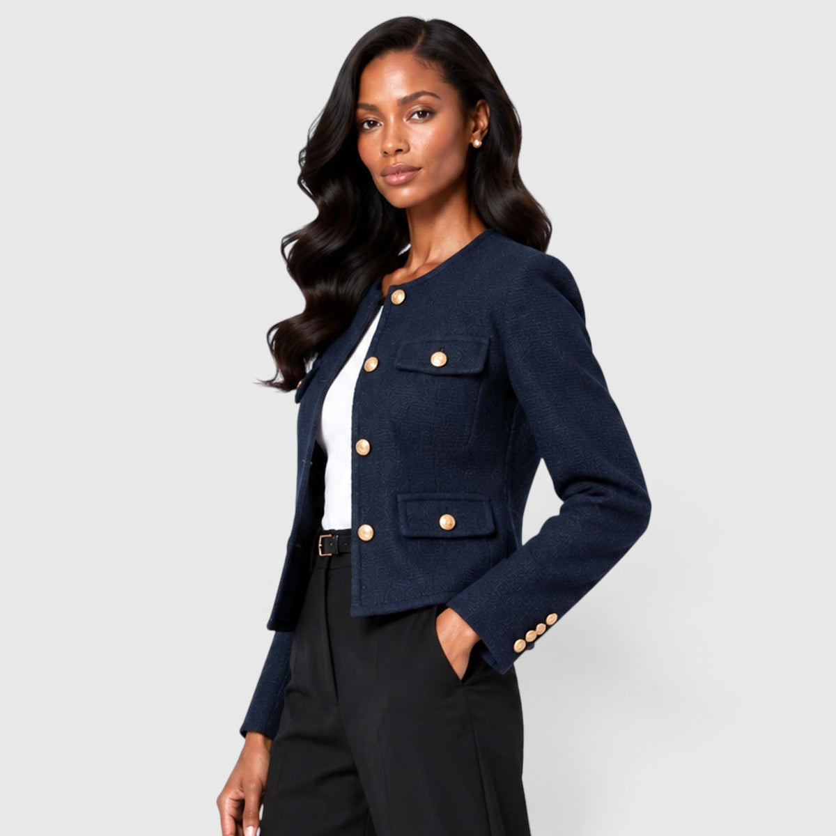 Women's Textured Tweed Cropped Blazer | Elegant Gold Button Jacket for Smart Occasions