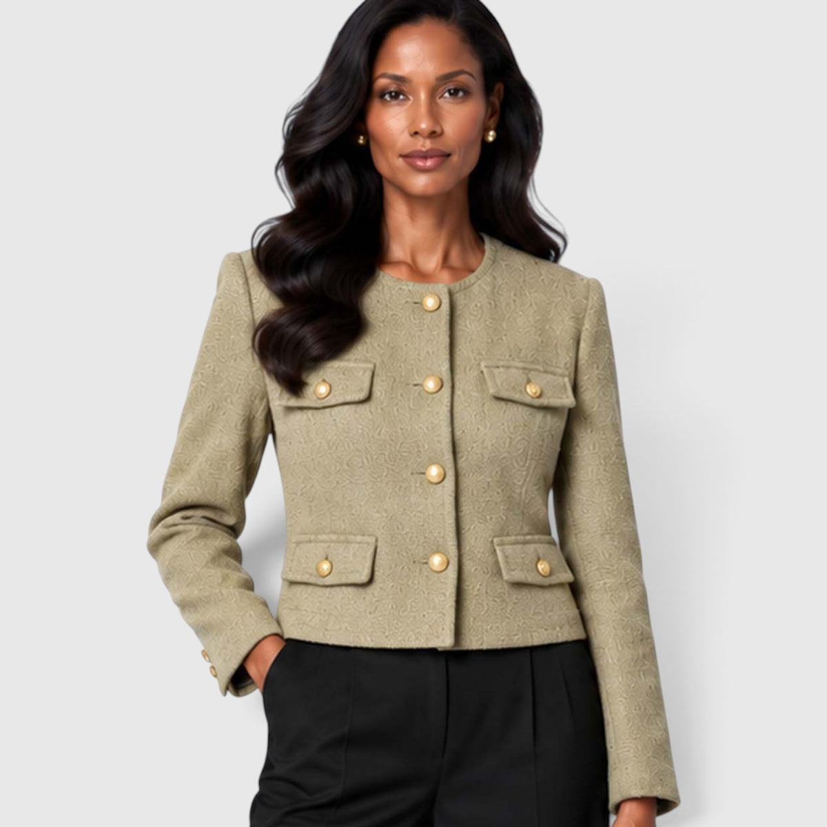 Monvaline | Women's Textured Tweed Cropped Blazer | Elegant Gold Button Jacket for Smart Occasions