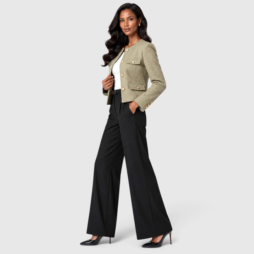 Women's Textured Tweed Cropped Blazer | Elegant Gold Button Jacket for Smart Occasions