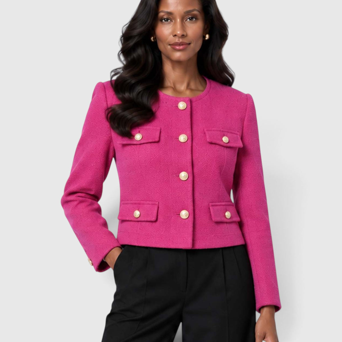Monvaline | Women's Textured Tweed Cropped Blazer | Elegant Gold Button Jacket for Smart Occasions