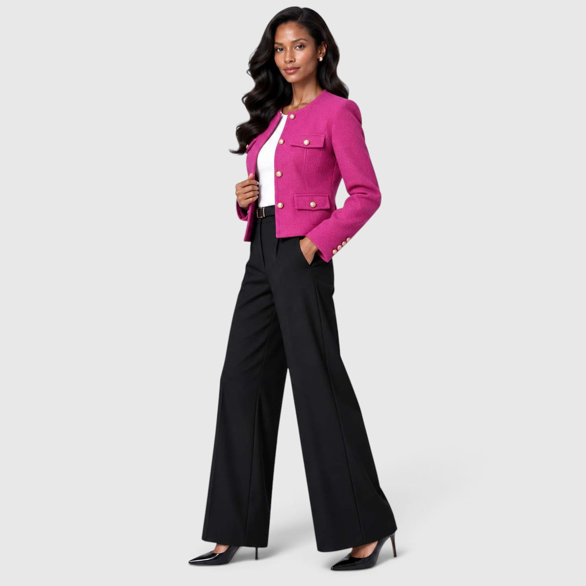 Women's Textured Tweed Cropped Blazer | Elegant Gold Button Jacket for Smart Occasions