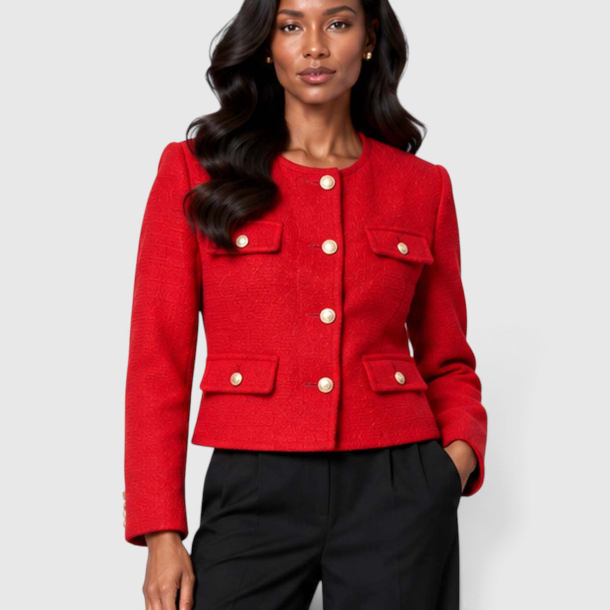 Monvaline | Women's Textured Tweed Cropped Blazer | Elegant Gold Button Jacket for Smart Occasions