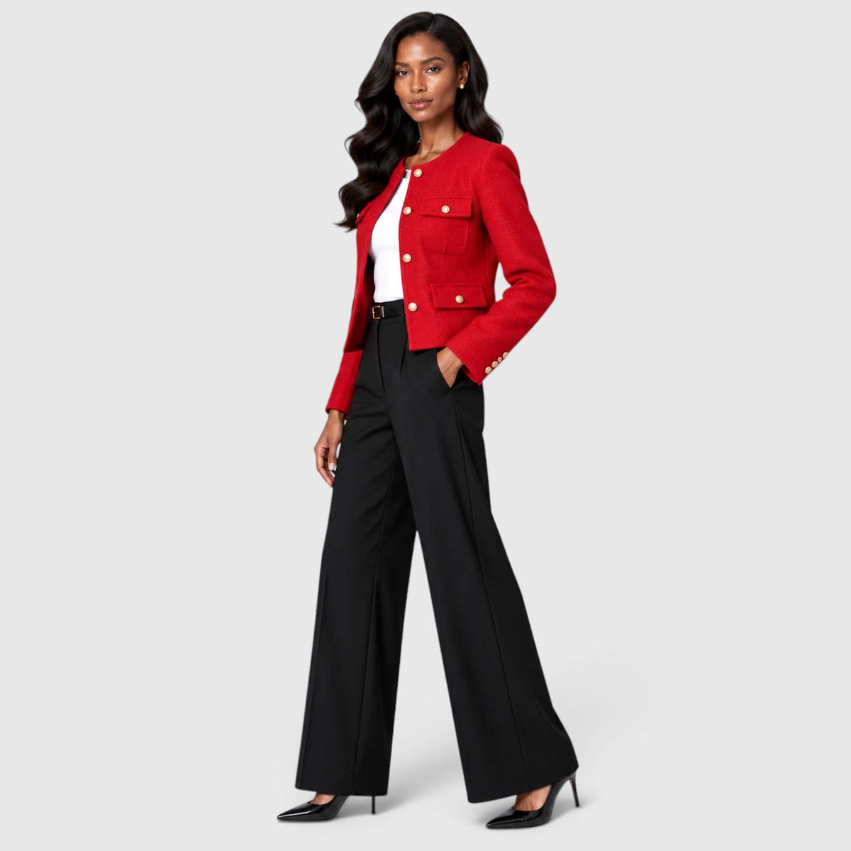 Women's Textured Tweed Cropped Blazer | Elegant Gold Button Jacket for Smart Occasions