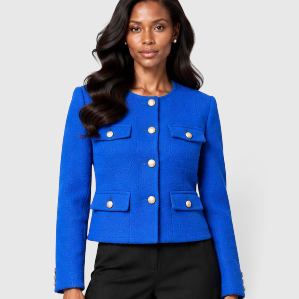 Monvaline | Women's Textured Tweed Cropped Blazer | Elegant Gold Button Jacket for Smart Occasions